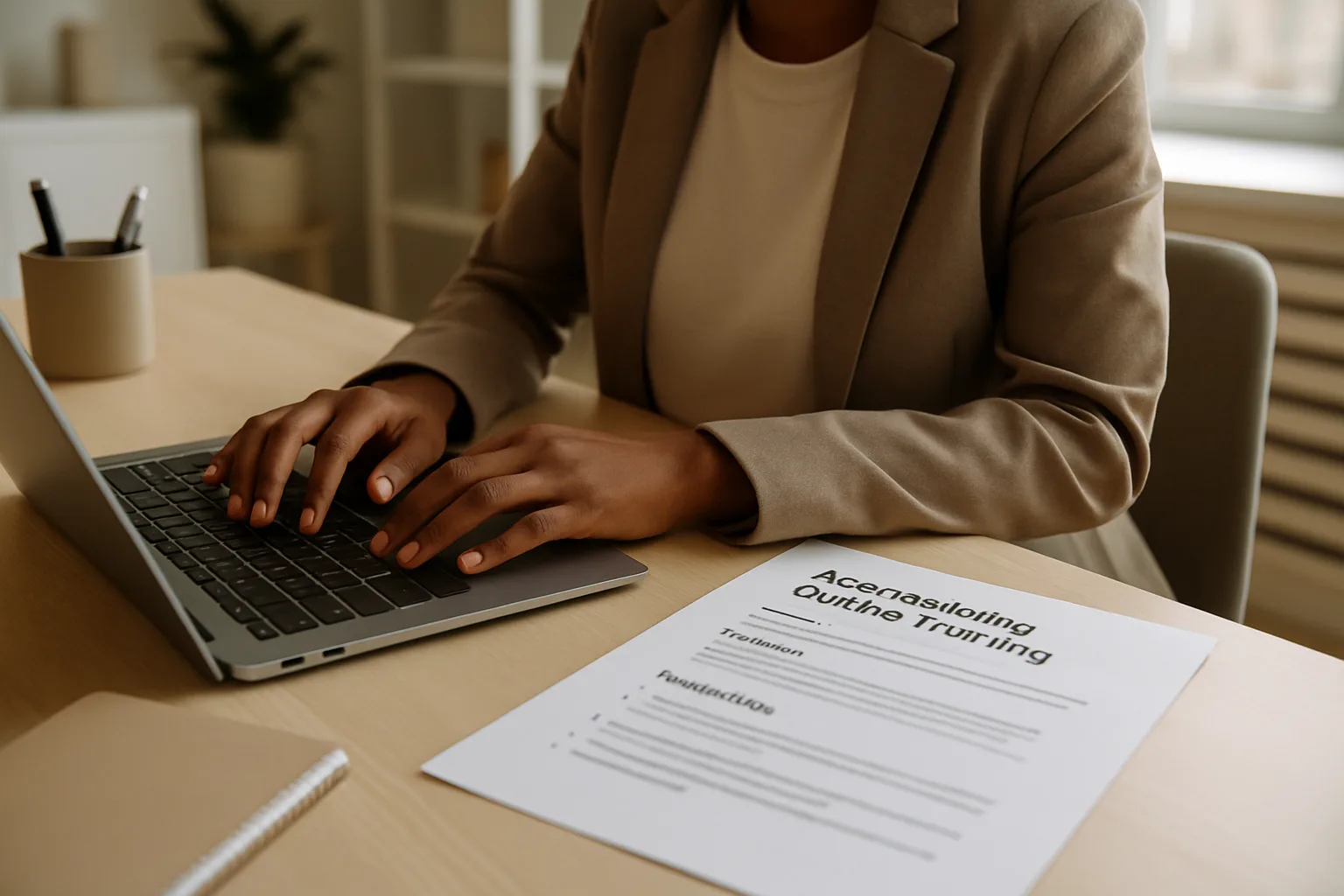 Une personne prépare des supports de formation sur un ordinateur portable, avec des documents imprimés à côté.