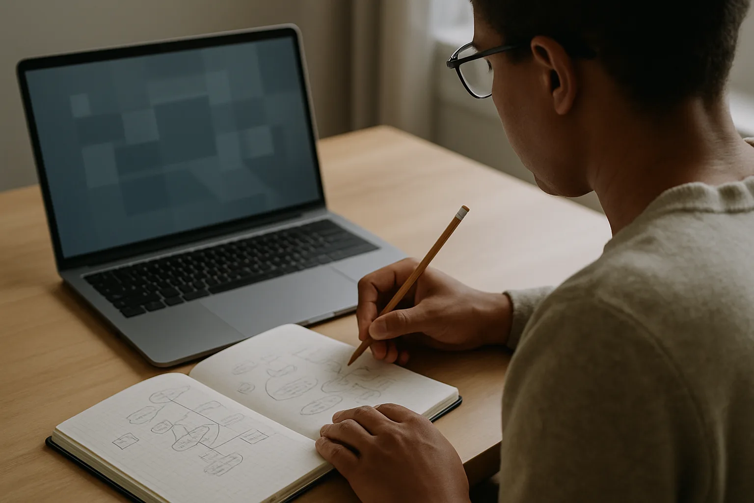 Une personne étudie avec un ordinateur portable, un carnet et un crayon sur un bureau éclairé par la lumière du jour.