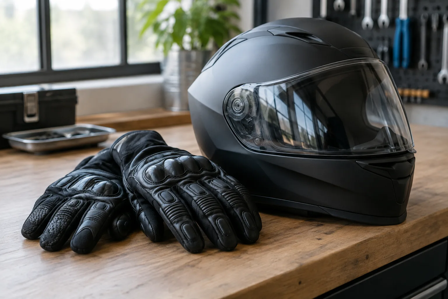 Paire de gants de moto posée à côté d’un casque sur un établi.