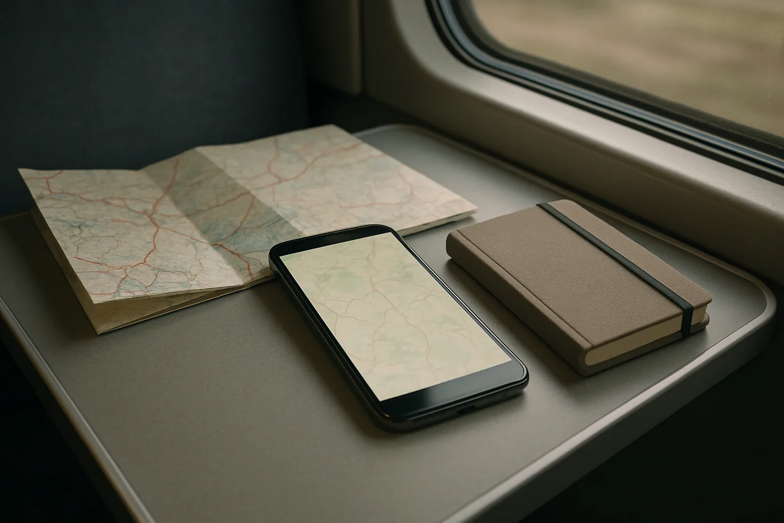 Un téléphone affichant une carte hors ligne posé près d’une carte papier et d’un carnet de voyage.